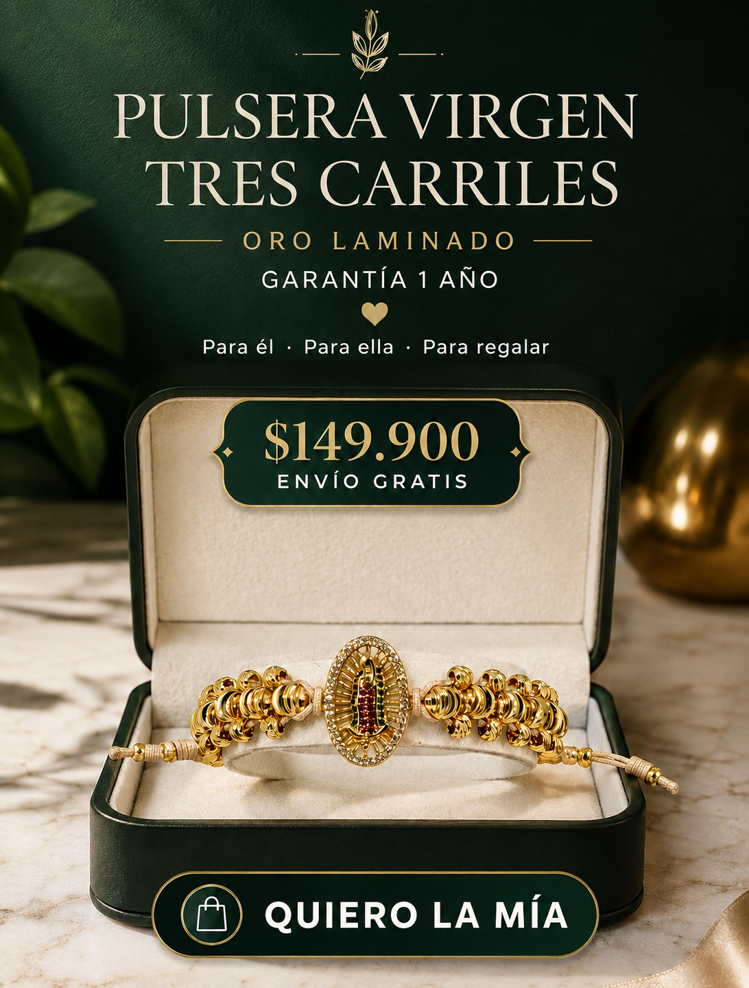 Pulsera Virgen 3 carriles - Oro laminado 18k Lleva siempre contigo la virgen