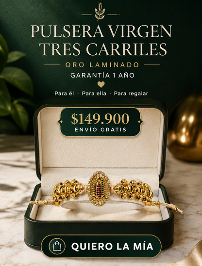 Pulsera Virgen 3 carriles - Oro laminado 18k Lleva siempre contigo la virgen