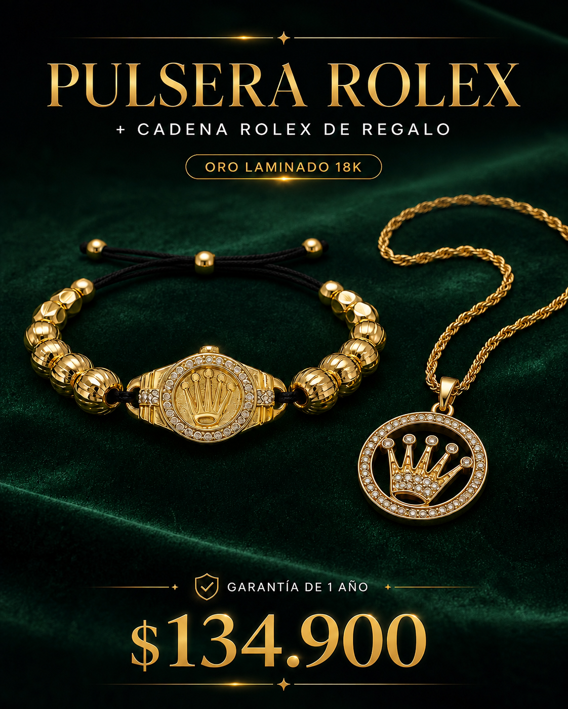 pulsera rolex + regalo cadena oro laminado 18k - garantia 1 año
