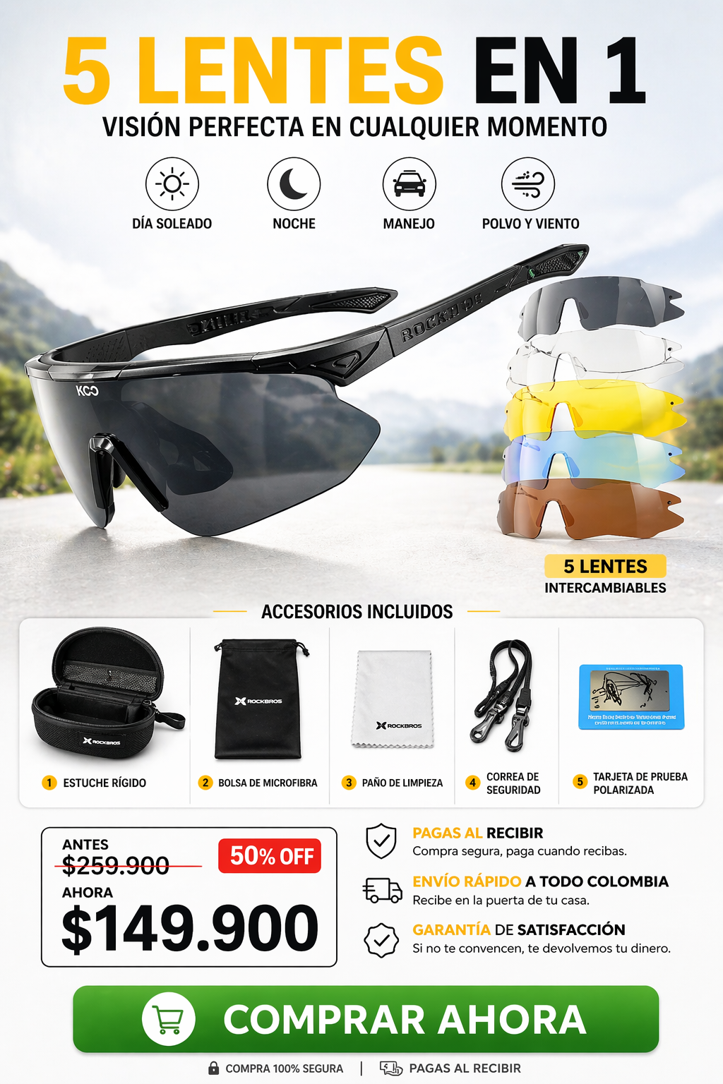 Gafas Tácticas Rockbros 5 Lentes Intercambiables – Visión Total 360°